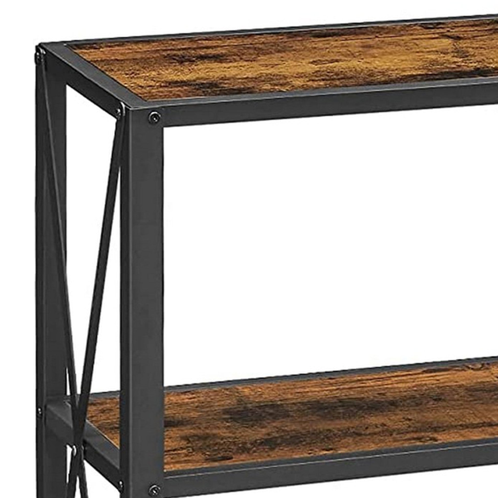 Benzara BM284549 Ann 55" Brown Wood Console Sideboard Table With Mesh Shelf and Crossed Metal