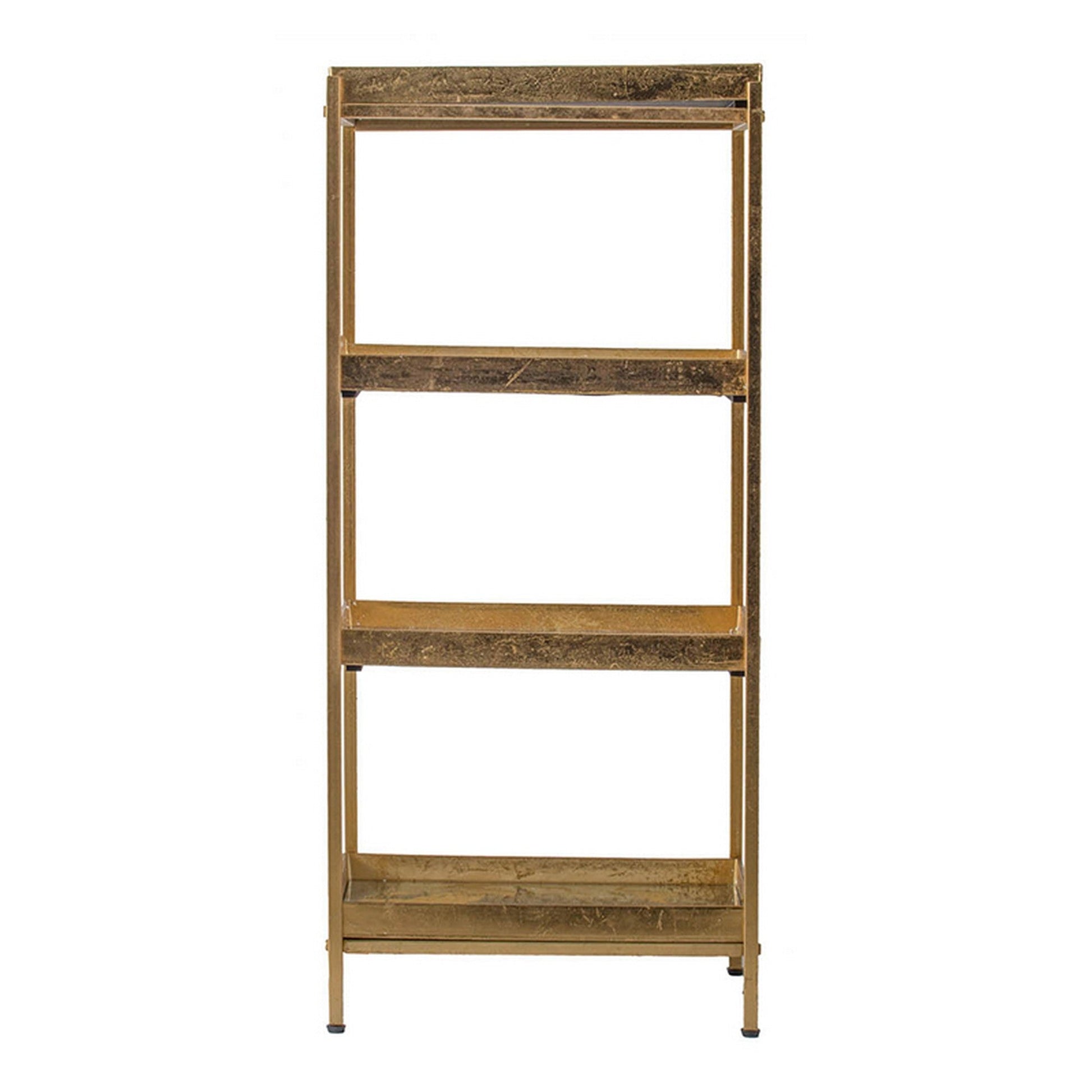 Benzara BM284823 Jael 43" Gold 4-Tier Display Rack with Tray Shelves and Mirrored Bottom