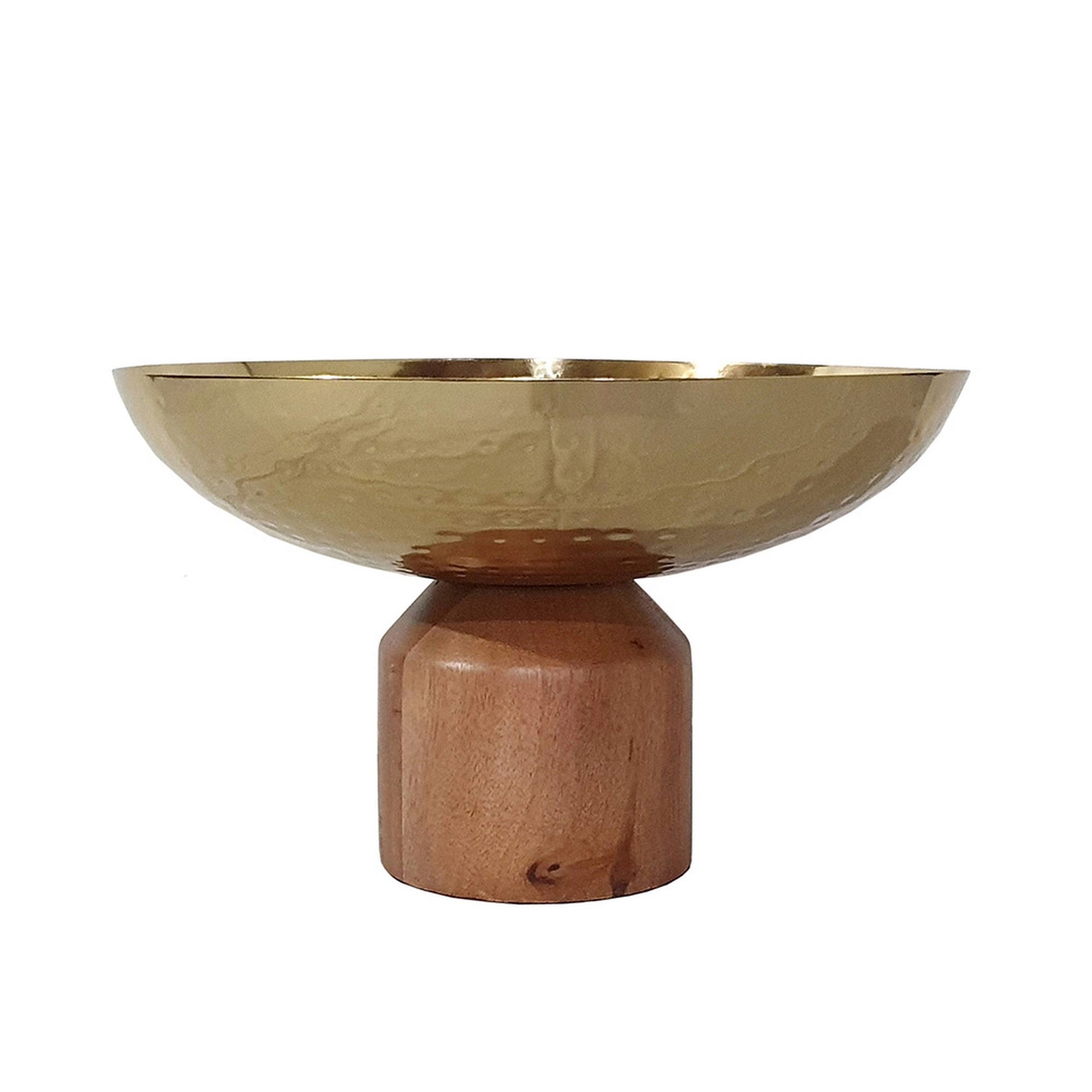 Benzara BM284950 Roe 12" Gold Steel Decorative Table Bowl With Large Acacia Brown Wood Base