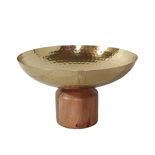 Benzara BM284950 Roe 12" Gold Steel Decorative Table Bowl With Large Acacia Brown Wood Base