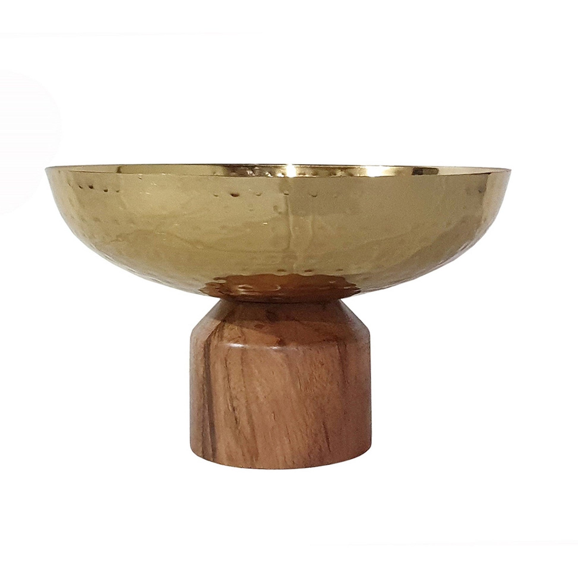 Benzara BM284951 Roe 10" Gold Steel Decorative Table Bowl With Medium Acacia Brown Wood Base