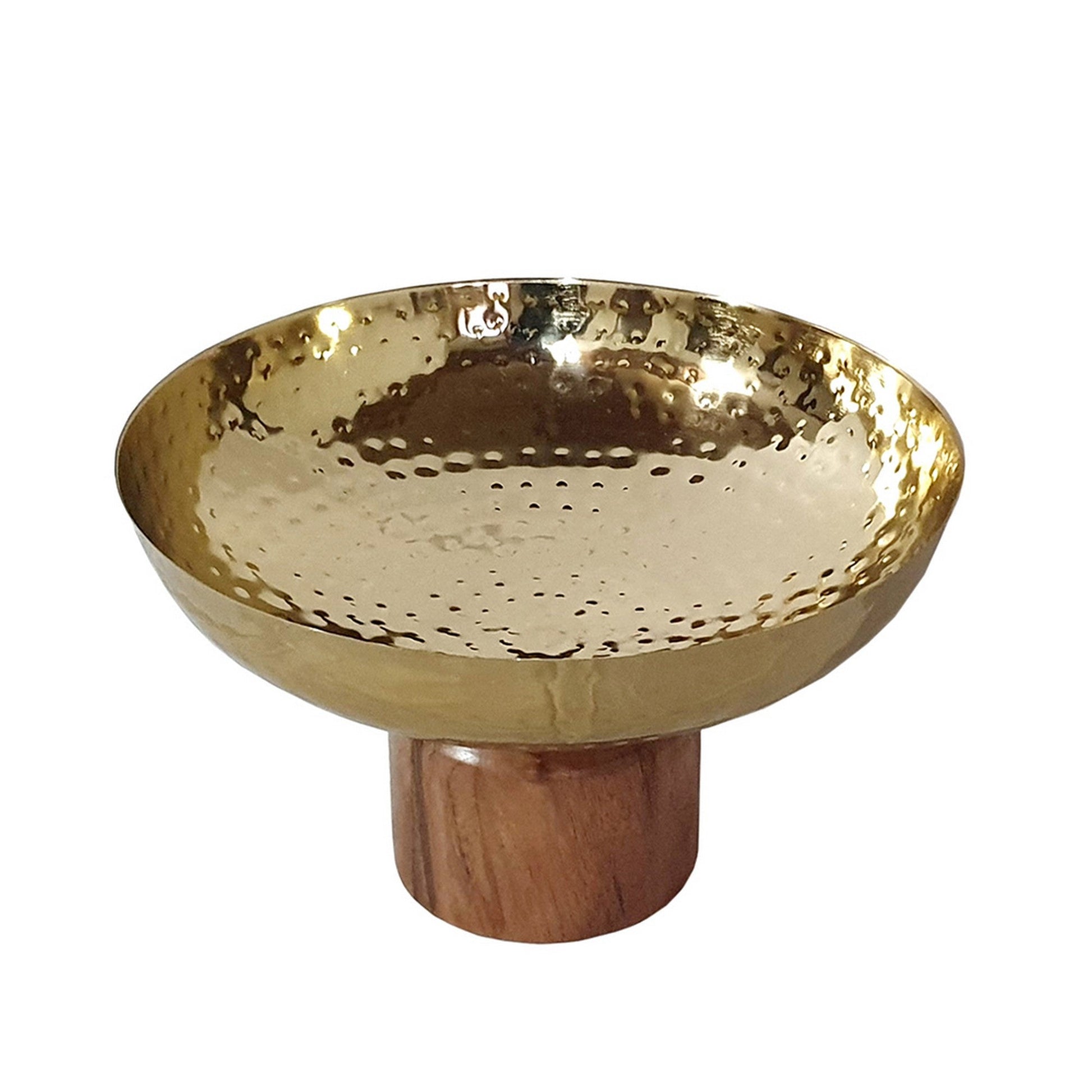 Benzara BM284951 Roe 10" Gold Steel Decorative Table Bowl With Medium Acacia Brown Wood Base