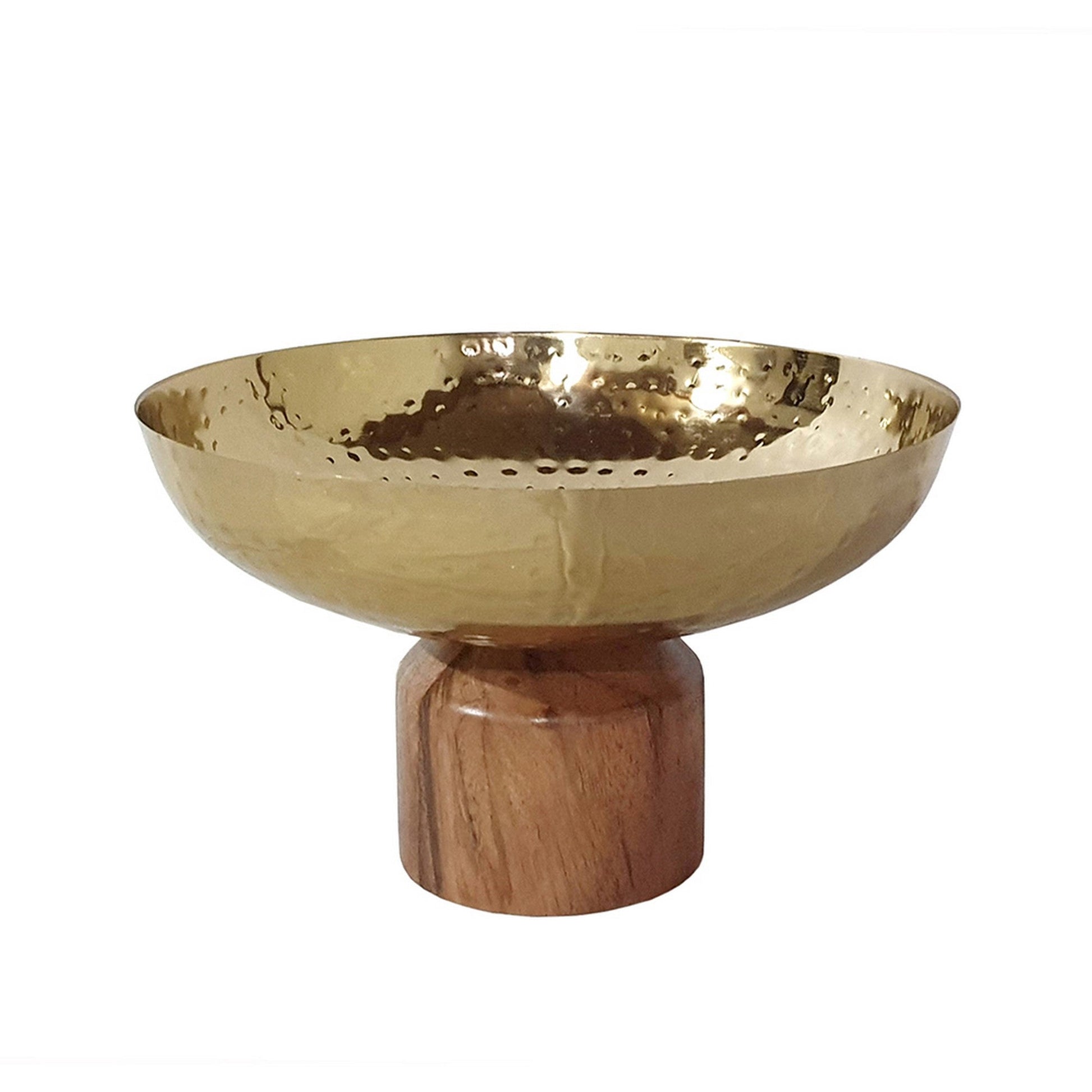 Benzara BM284951 Roe 10" Gold Steel Decorative Table Bowl With Medium Acacia Brown Wood Base