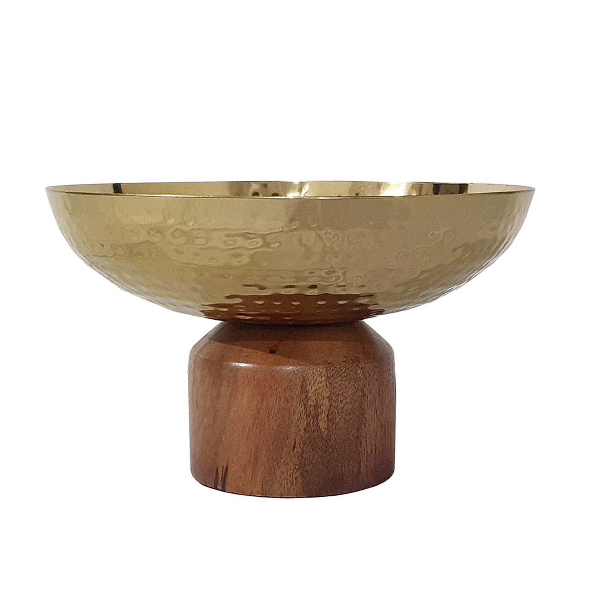 Benzara BM284952 Roe 8" Gold Steel Decorative Table Bowl With Small Acacia Brown Wood Base