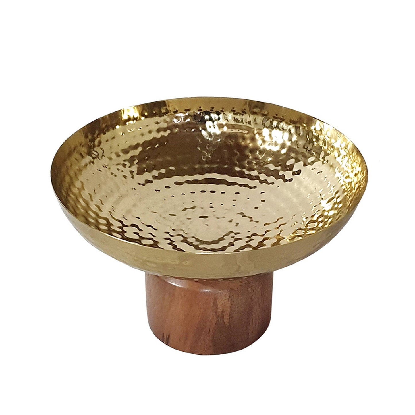 Benzara BM284952 Roe 8" Gold Steel Decorative Table Bowl With Small Acacia Brown Wood Base