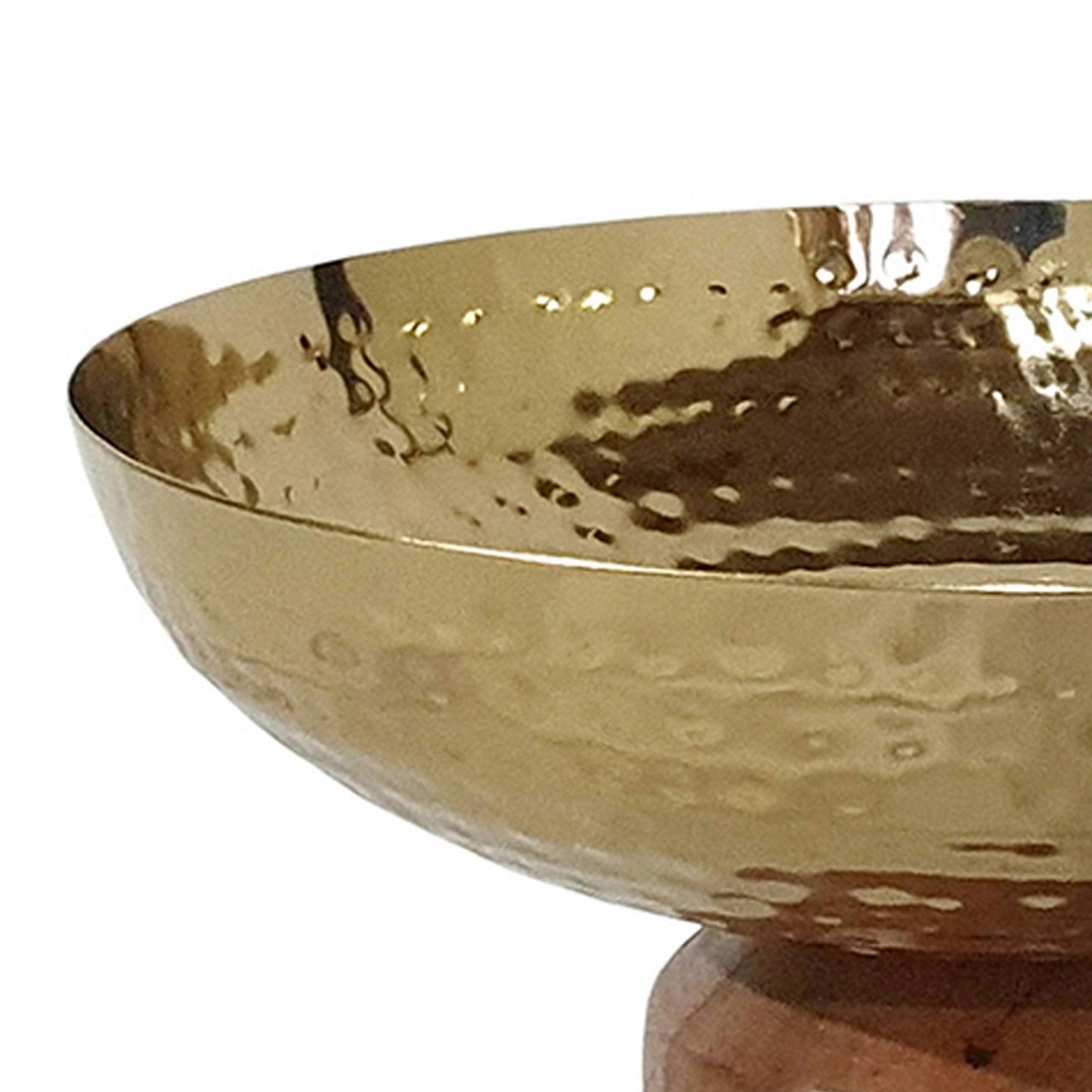 Benzara BM284952 Roe 8" Gold Steel Decorative Table Bowl With Small Acacia Brown Wood Base