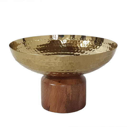 Benzara BM284952 Roe 8" Gold Steel Decorative Table Bowl With Small Acacia Brown Wood Base