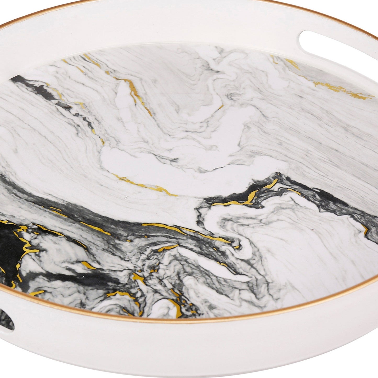 Benzara BM285013 Black and White Round Tabletop Decor Trays With Gold Accent, Set of 2