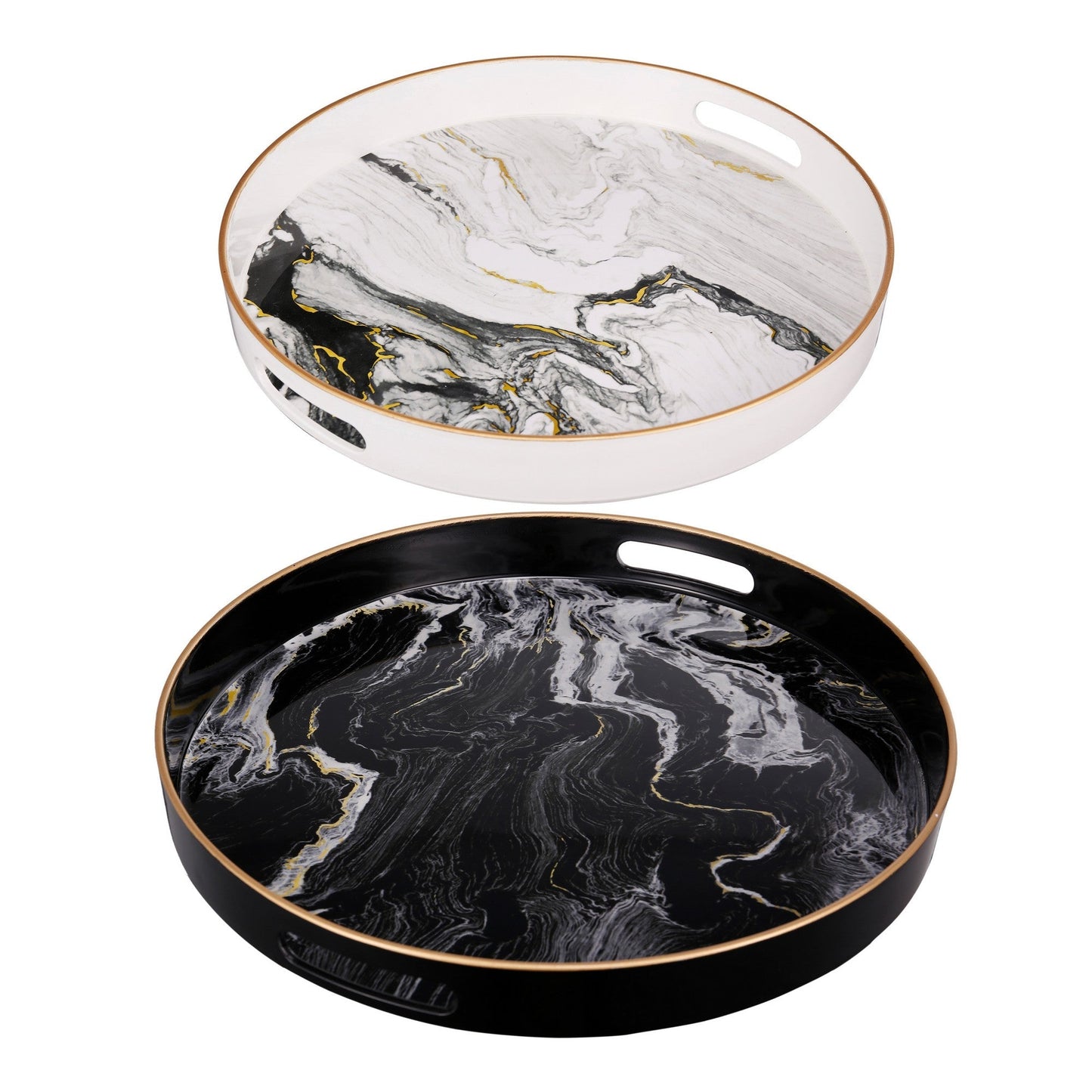 Benzara BM285013 Black and White Round Tabletop Decor Trays With Gold Accent, Set of 2