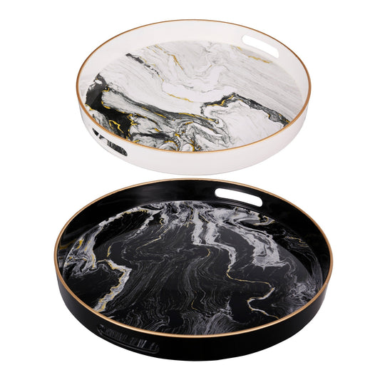 Benzara BM285013 Black and White Round Tabletop Decor Trays With Gold Accent, Set of 2