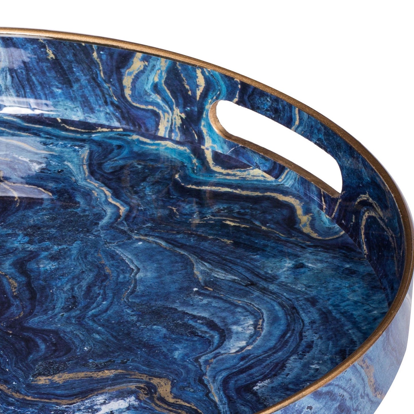 Benzara BM285014 Blue and Gold Marbling Round Tabletop Decor Accent Trays, Set of 2