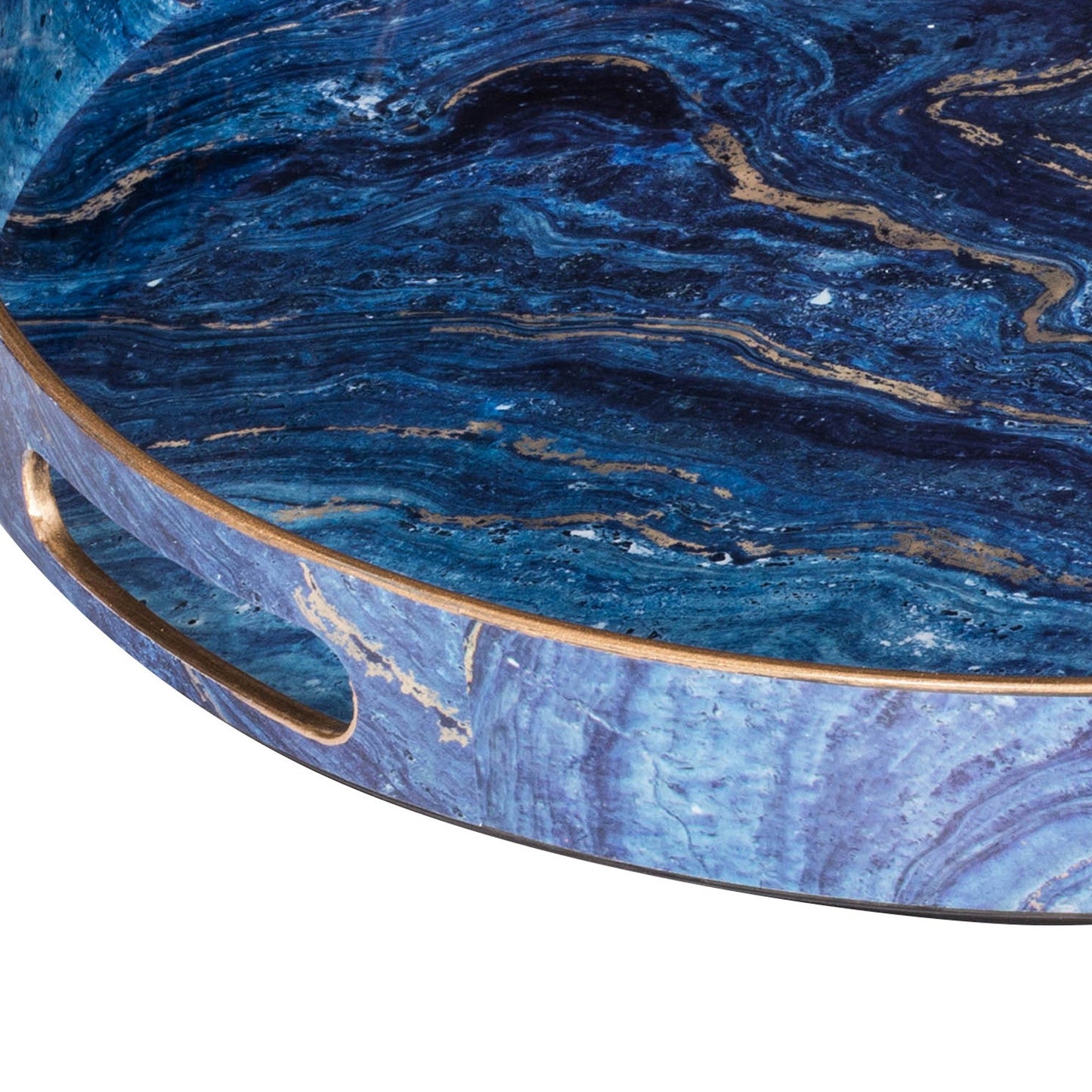 Benzara BM285014 Blue and Gold Marbling Round Tabletop Decor Accent Trays, Set of 2