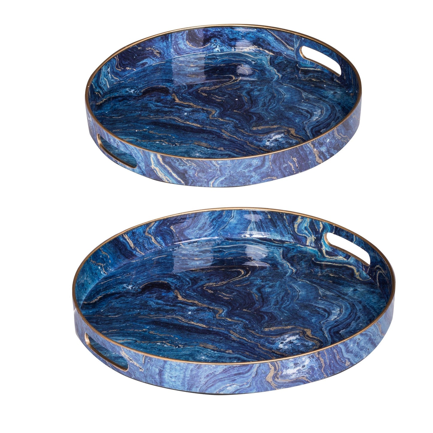 Benzara BM285014 Blue and Gold Marbling Round Tabletop Decor Accent Trays, Set of 2