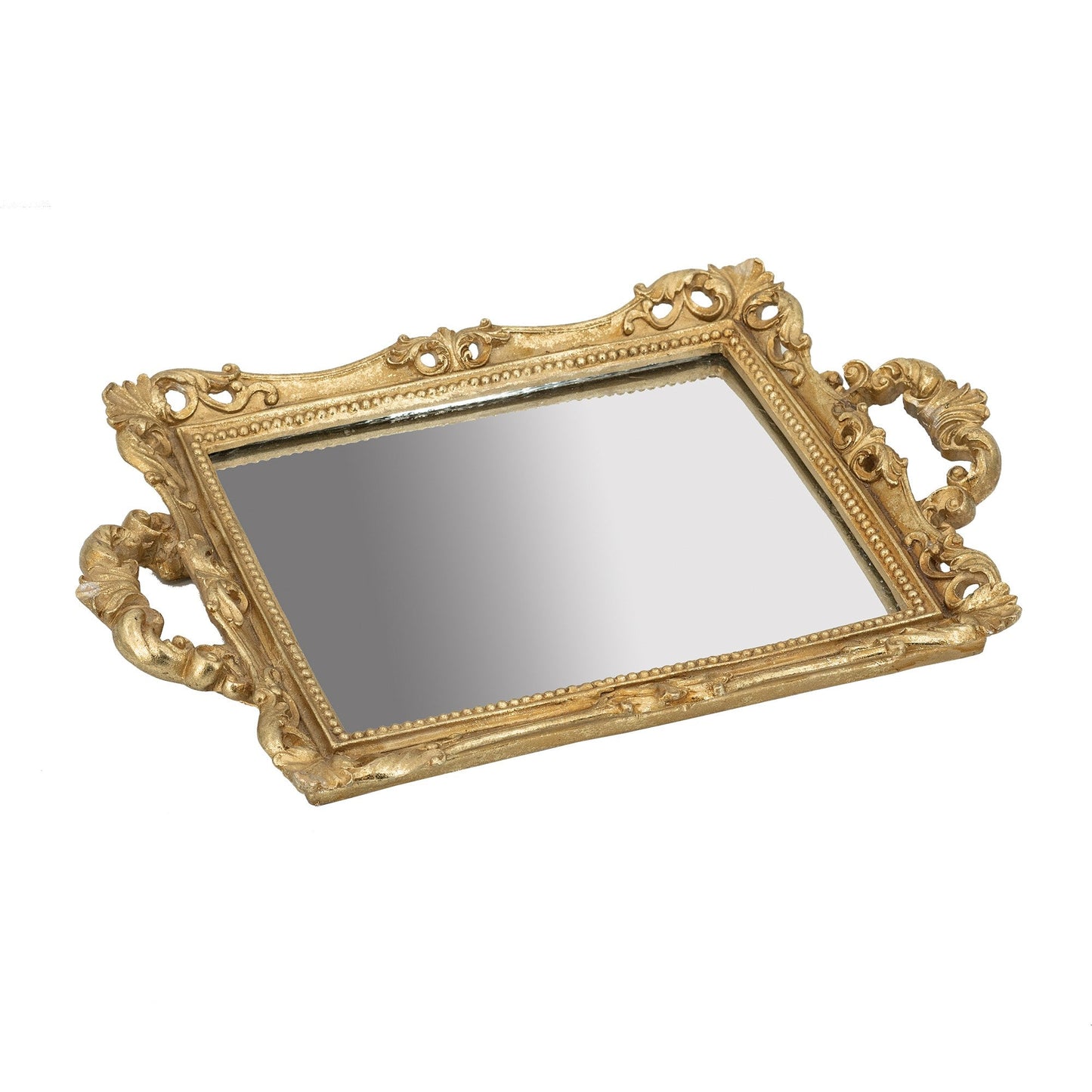 Benzara BM285017 16" Carved Gold Frame Decorative Serving Tray With Mirrored Bottom