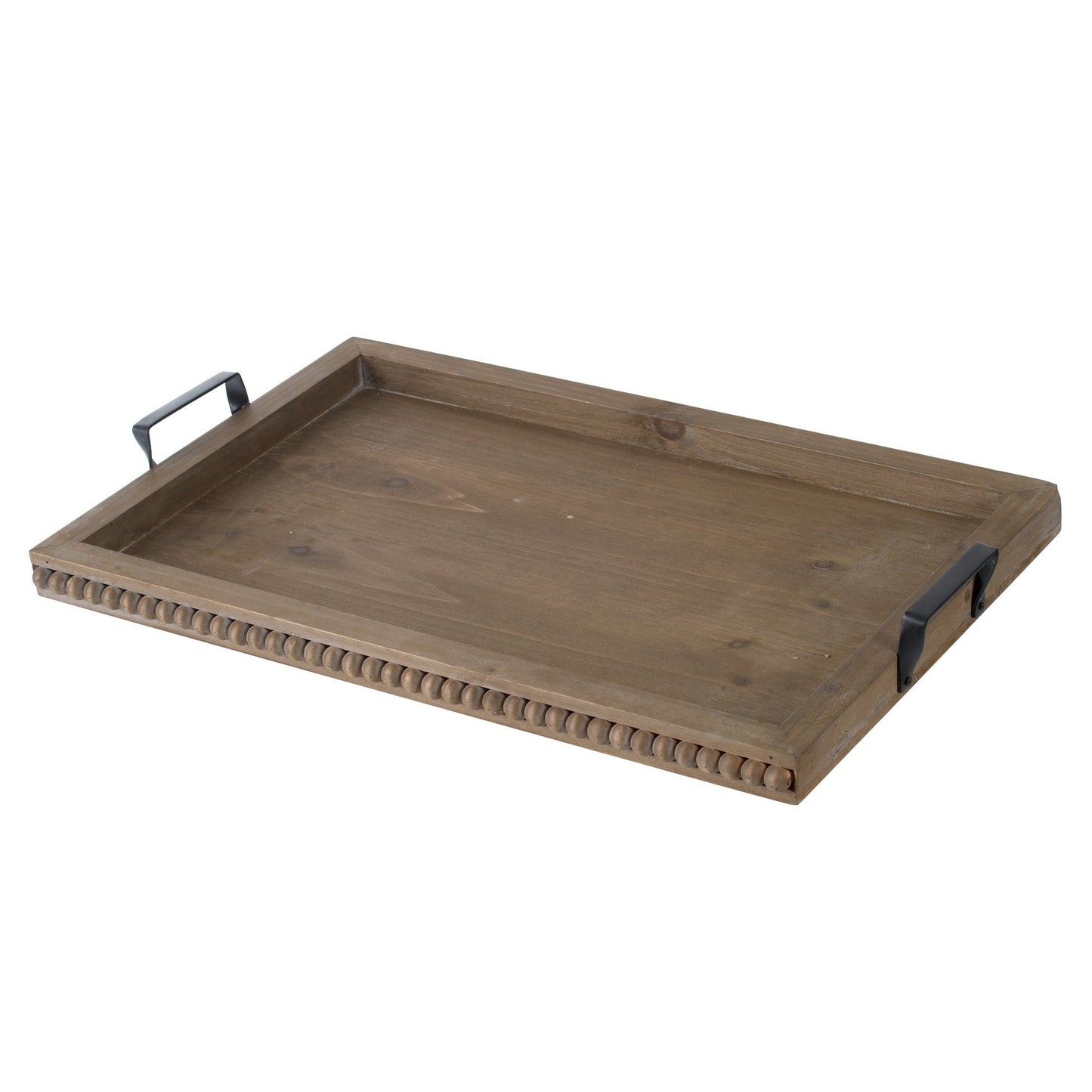 Benzara BM285018 24" Brown Rustic Wood Serving Tray With Iron Handles and Classic Trim