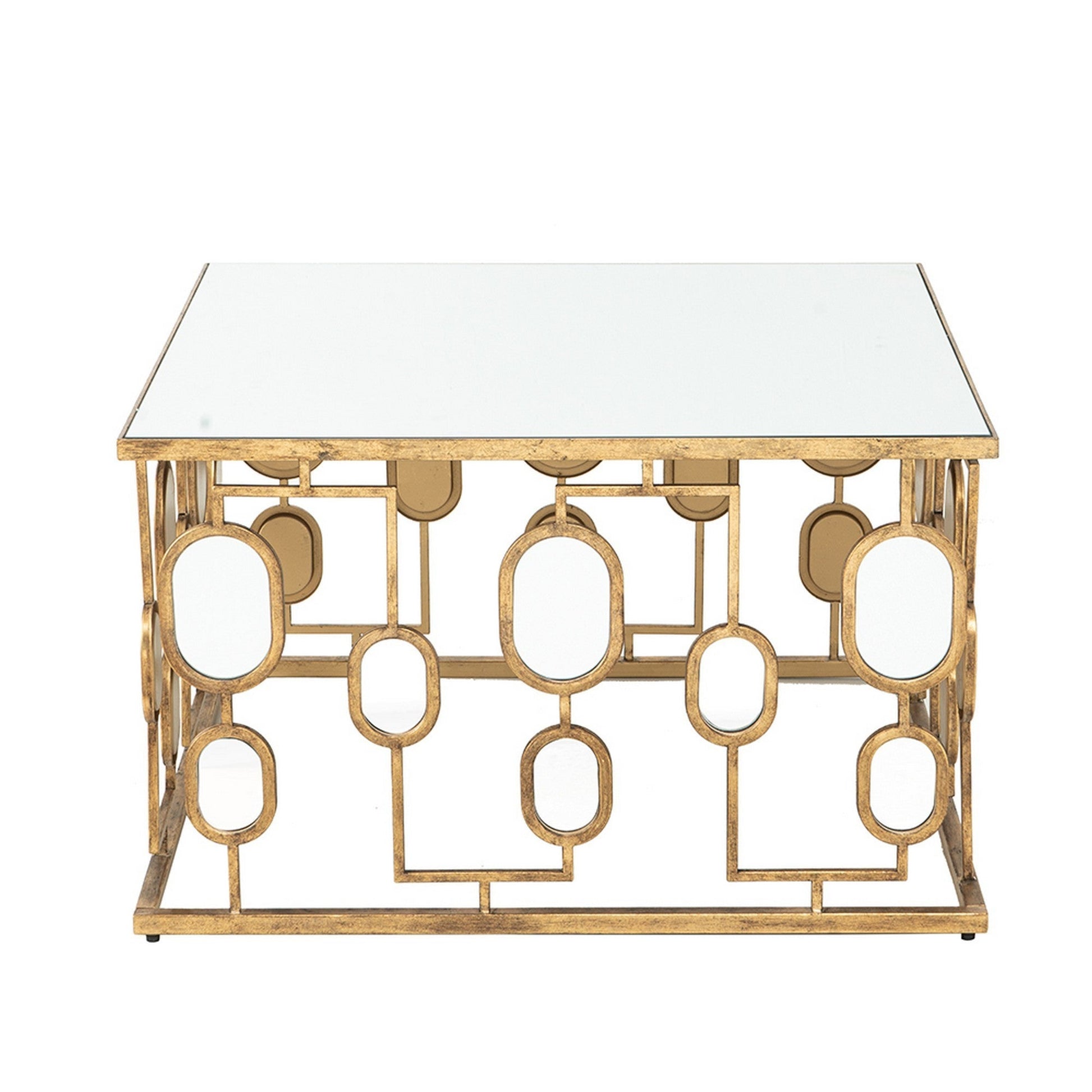 Benzara BM285091 32" Modern Coffee Table with Mirror Top and Geometric Patterns, Iron Frame in Gold