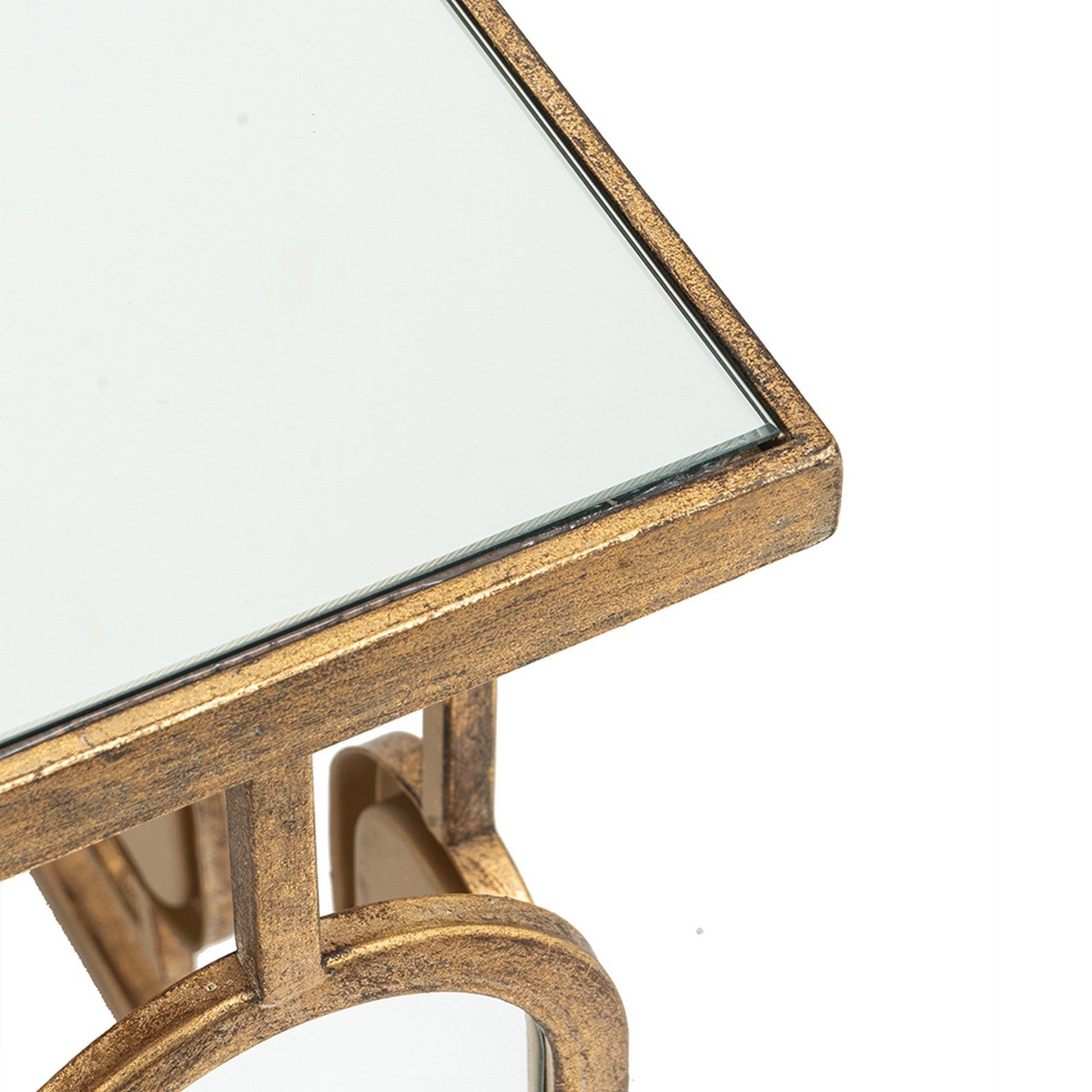 Benzara BM285091 32" Modern Coffee Table with Mirror Top and Geometric Patterns, Iron Frame in Gold