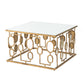 Benzara BM285091 32" Modern Coffee Table with Mirror Top and Geometric Patterns, Iron Frame in Gold