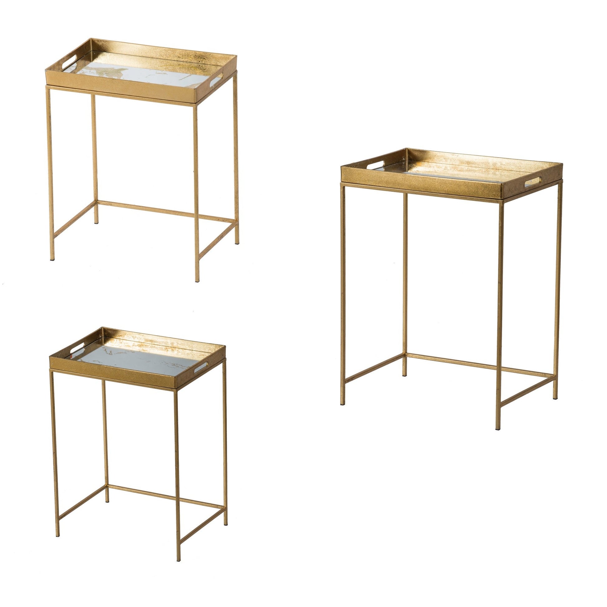 Benzara BM285203 26", 23", 19" Gold Accent Table Set of 3, Removable Mirrored Trays