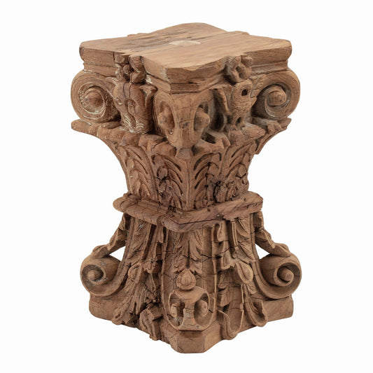 Benzara BM285223 19" Classic Antique Brown Wood Stool Table with Carved Pillar Accent