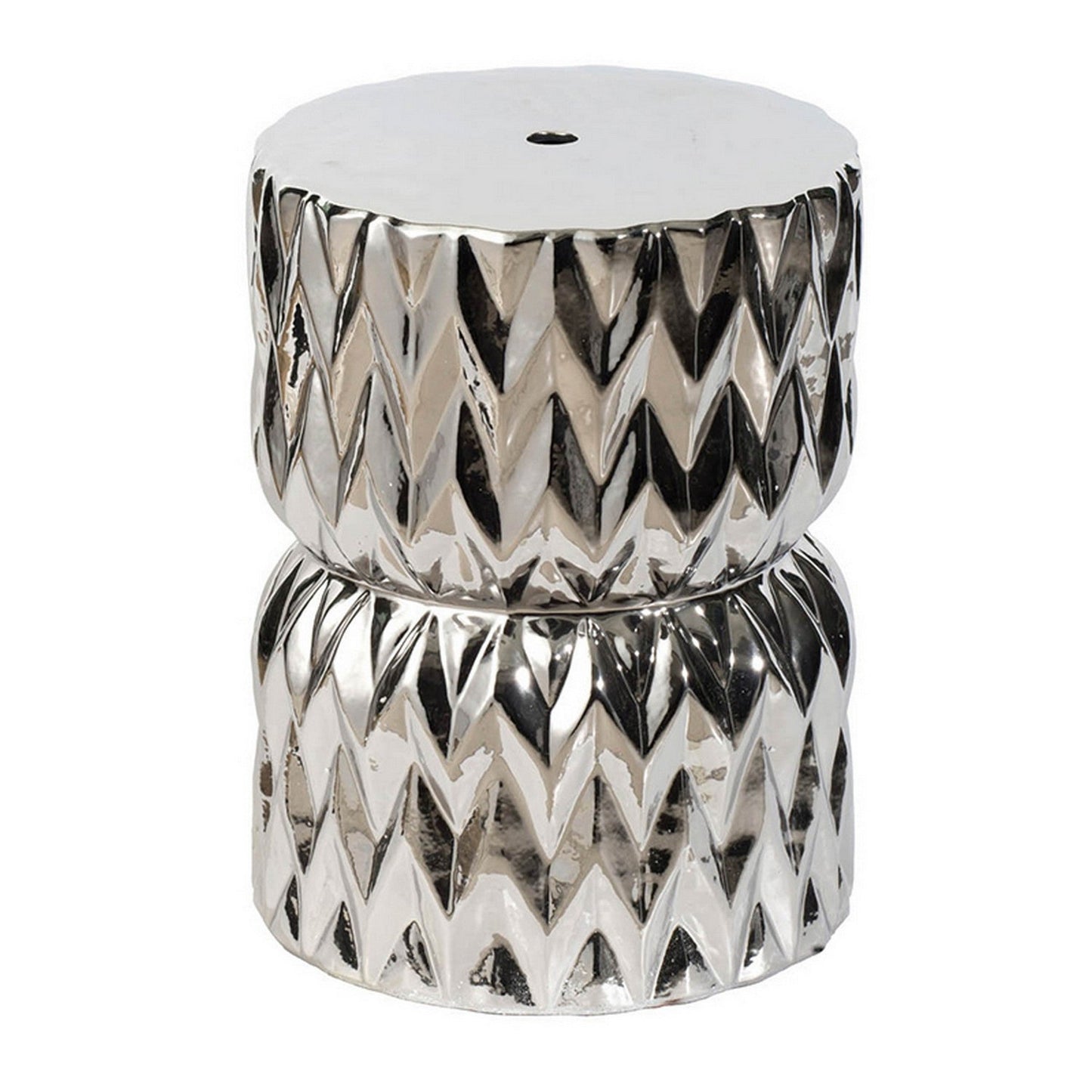 Benzara BM285236 18" Modern Silver Ceramic Stool Table with Textured Chevron and Hourglass Shape