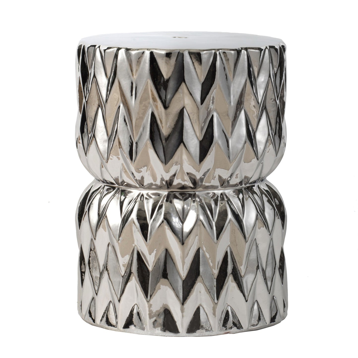 Benzara BM285236 18" Modern Silver Ceramic Stool Table with Textured Chevron and Hourglass Shape