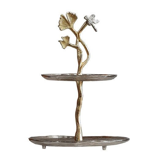 Benzara BM285340 16" Elegant 2-Tier Accent Table with Aluminum Cherry Blossom Design in Gold and Silver