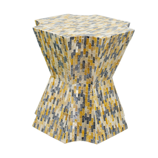 Benzara BM285361 18" Modern Yellow Capiz Accent Stool Table with Blue Mosaic Pattern