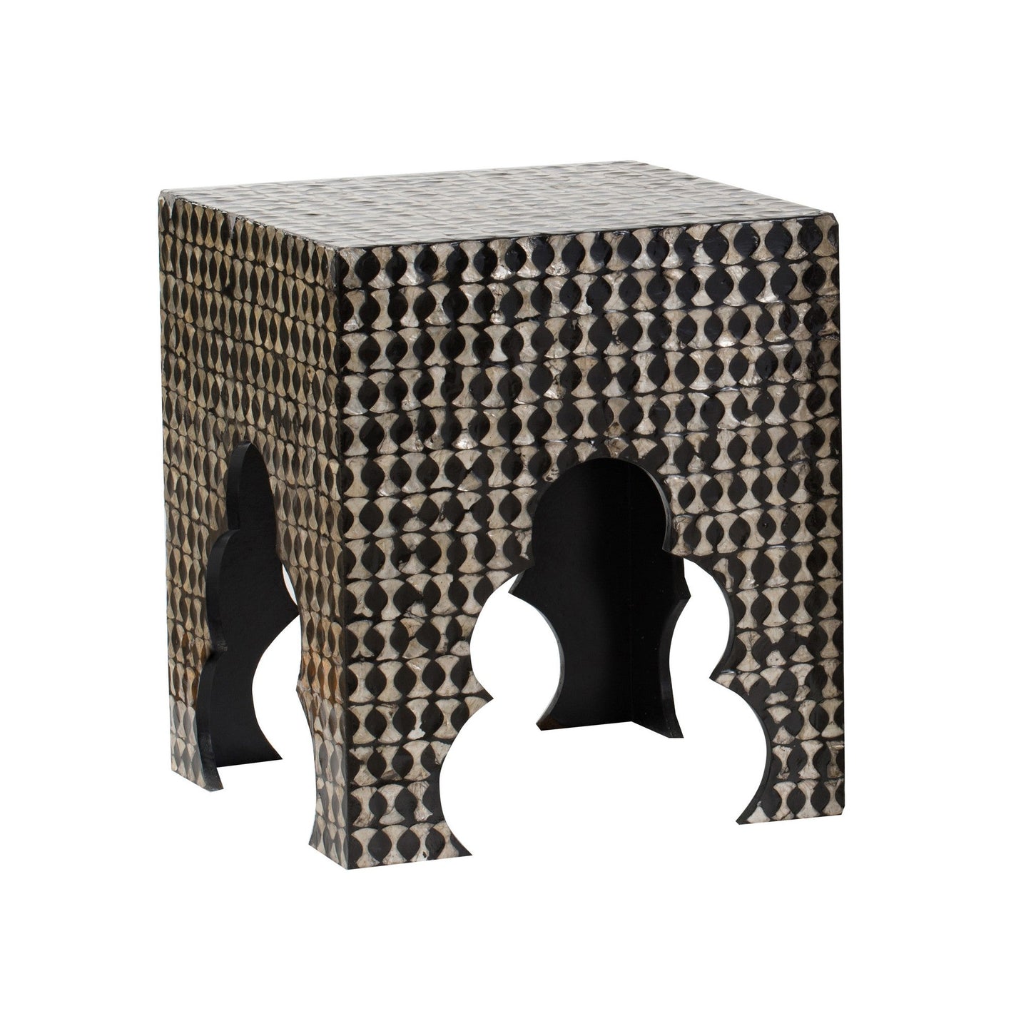 Benzara BM285363 Lez 18", 20" Set of 2 Black Capiz Accent Stool Tables with Pearl Mosaic Look