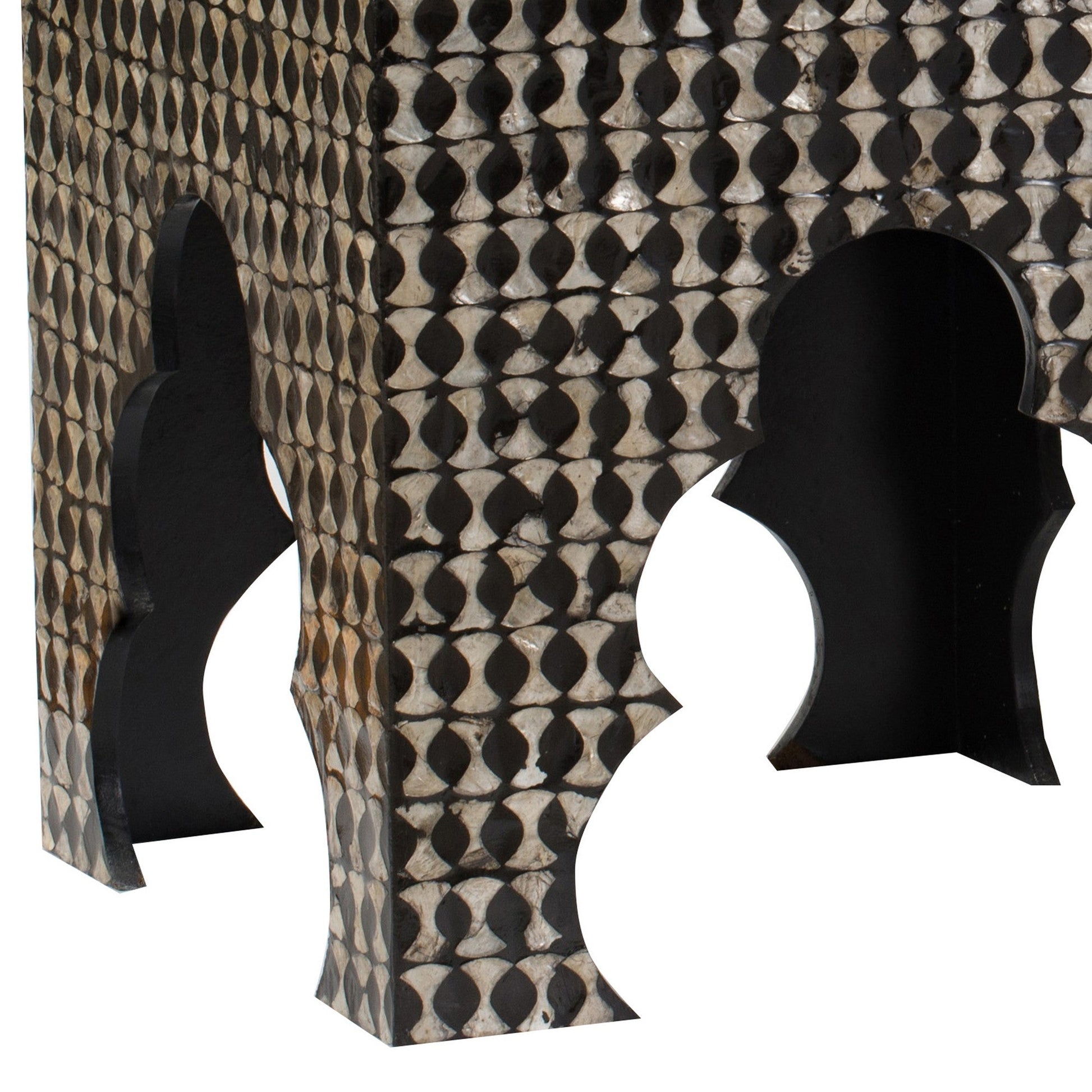 Benzara BM285363 Lez 18", 20" Set of 2 Black Capiz Accent Stool Tables with Pearl Mosaic Look