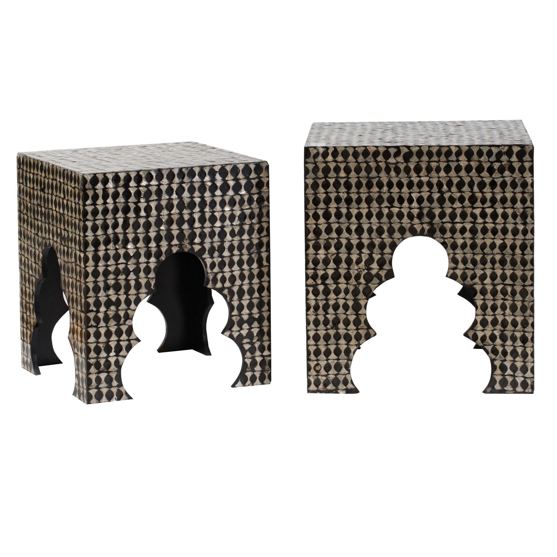 Benzara BM285363 Lez 18", 20" Set of 2 Black Capiz Accent Stool Tables with Pearl Mosaic Look