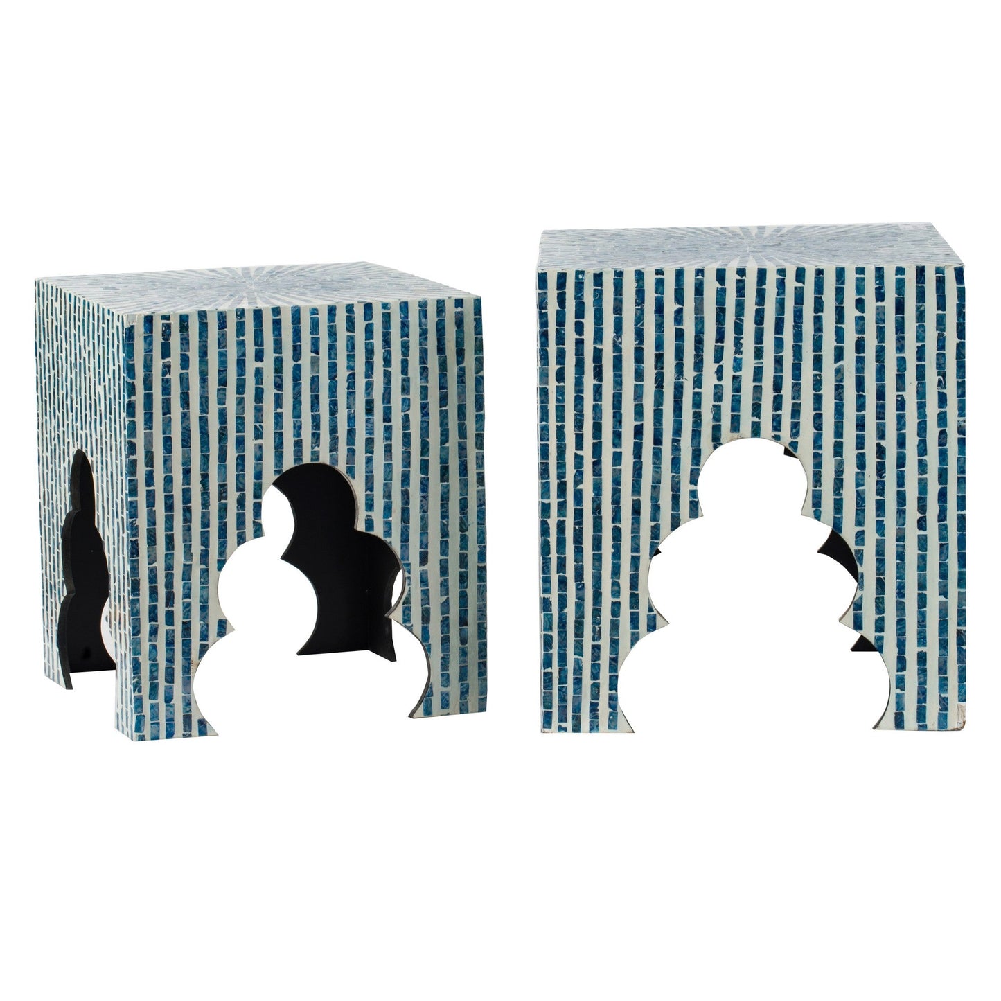 Benzara BM285364 Lez 18", 20" Set of 2 Blue Capiz Accent Stool Tables with White Mosaic Look