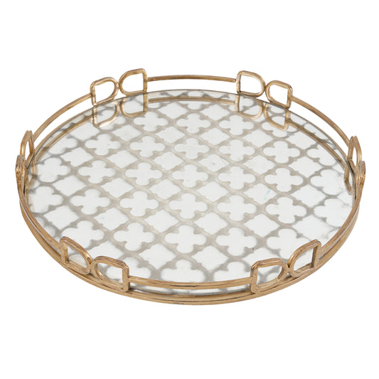 Benzara BM285515 Sui 18" Round Decorative Tray with Glass Bottom and Gold Geometric Frame