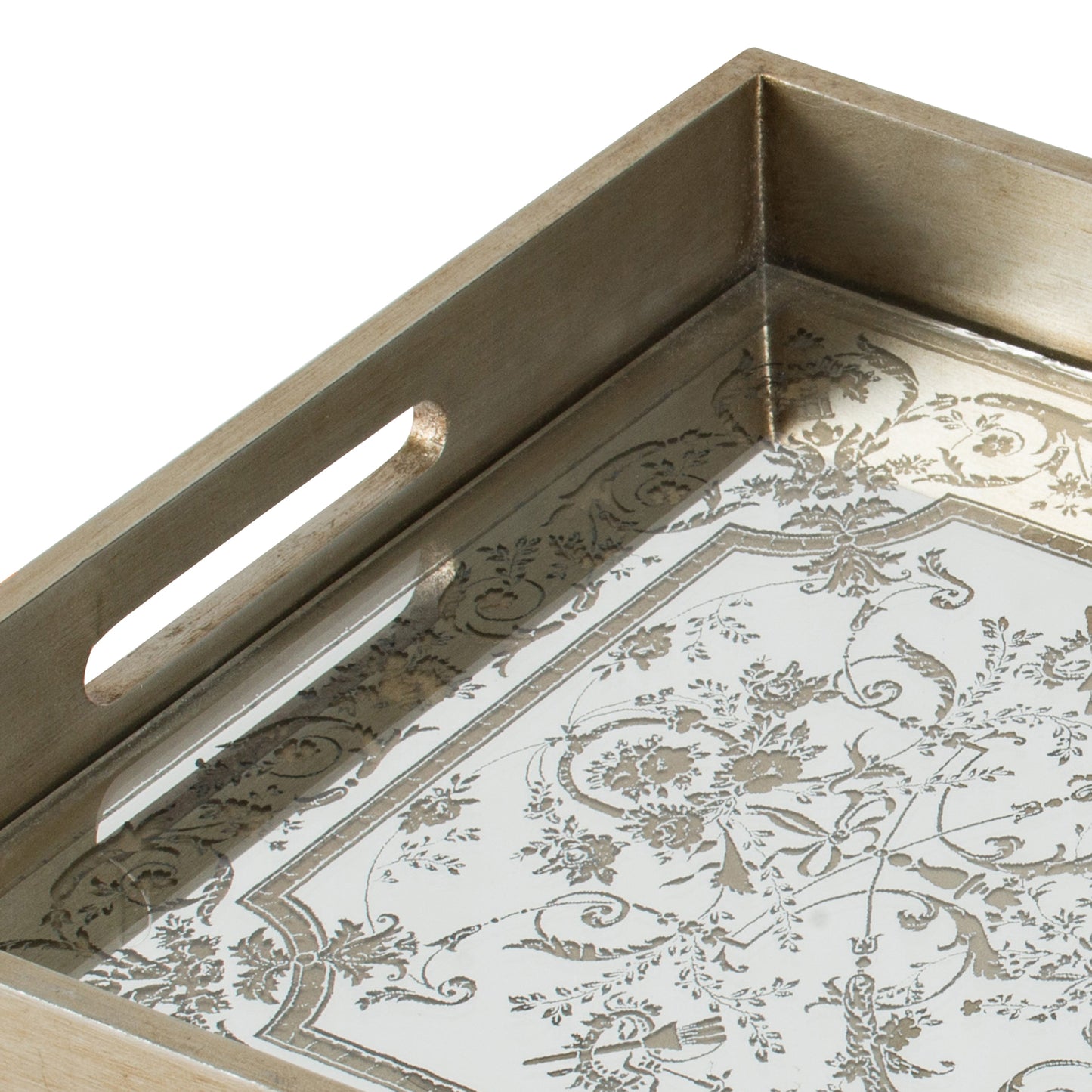 Benzara BM285521 Miki 18" Decorative Tray with Artistic Mirrored Floral Pattern in Gold Finish