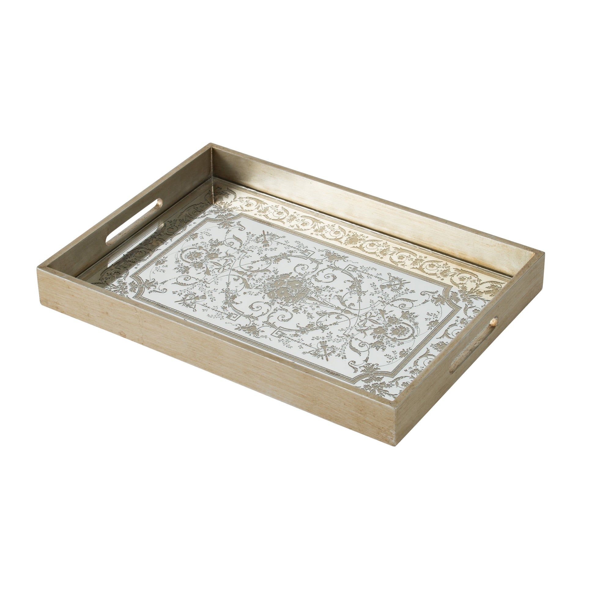 Benzara BM285521 Miki 18" Decorative Tray with Artistic Mirrored Floral Pattern in Gold Finish