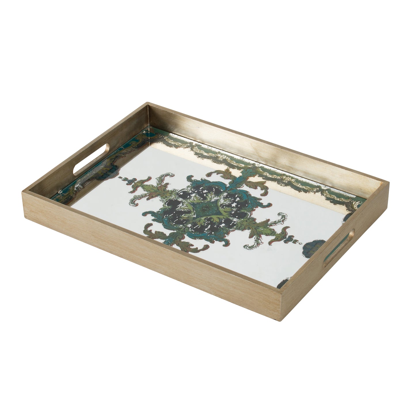 Benzara BM285528 Miki 18" Decorative Tray with Artistic Mirrored Damask Pattern in Gold Finish