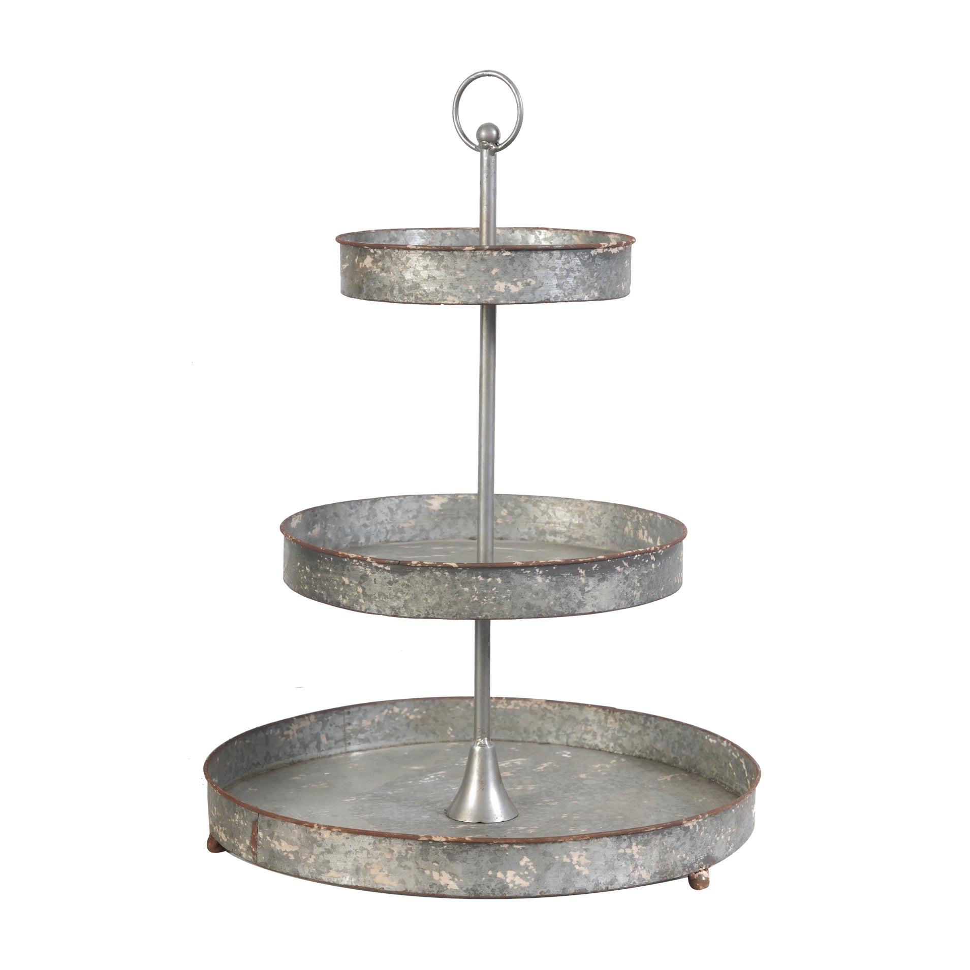 Benzara BM285529 24" Metal Decorative Stand with 3 Tiers and Round Trays in Gray