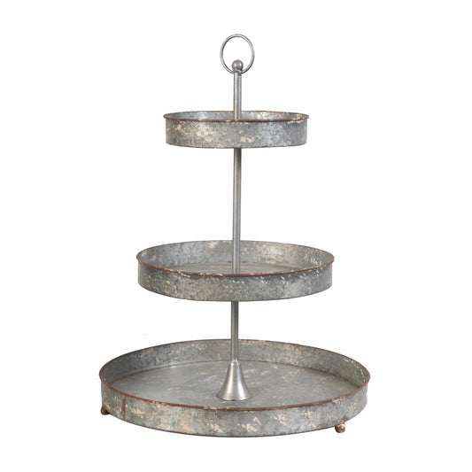 Benzara BM285529 24" Metal Decorative Stand with 3 Tiers and Round Trays in Gray