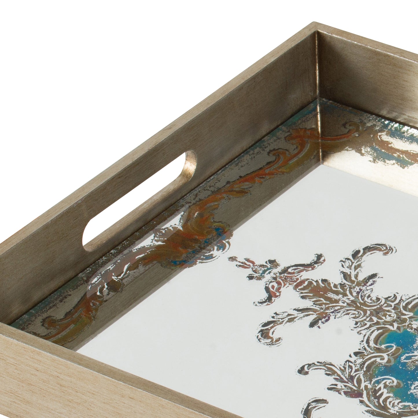 Benzara BM285531 Miki 18" Decorative Tray, Artistic Mirrored Damask Finish, Natural Tone