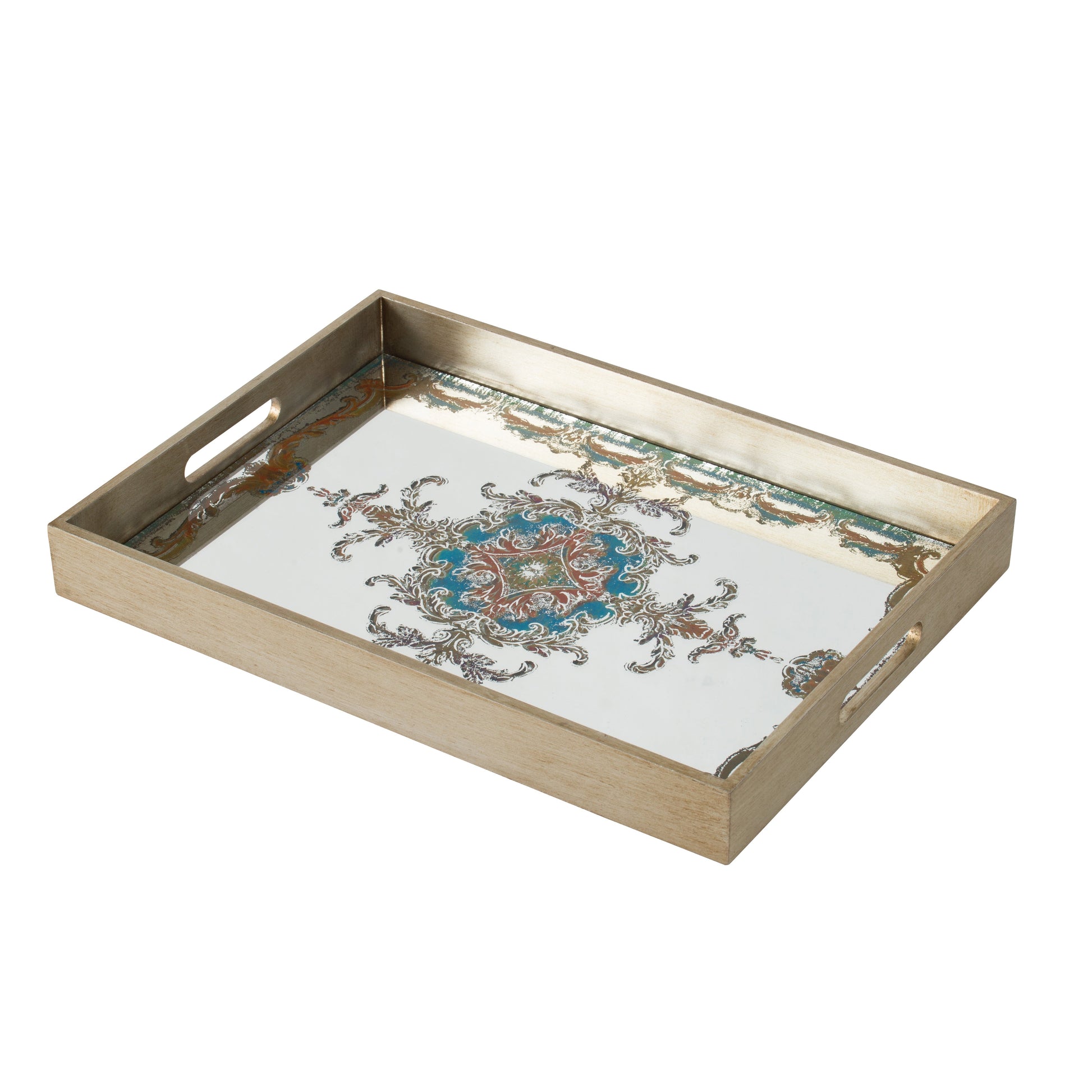 Benzara BM285531 Miki 18" Decorative Tray, Artistic Mirrored Damask Finish, Natural Tone