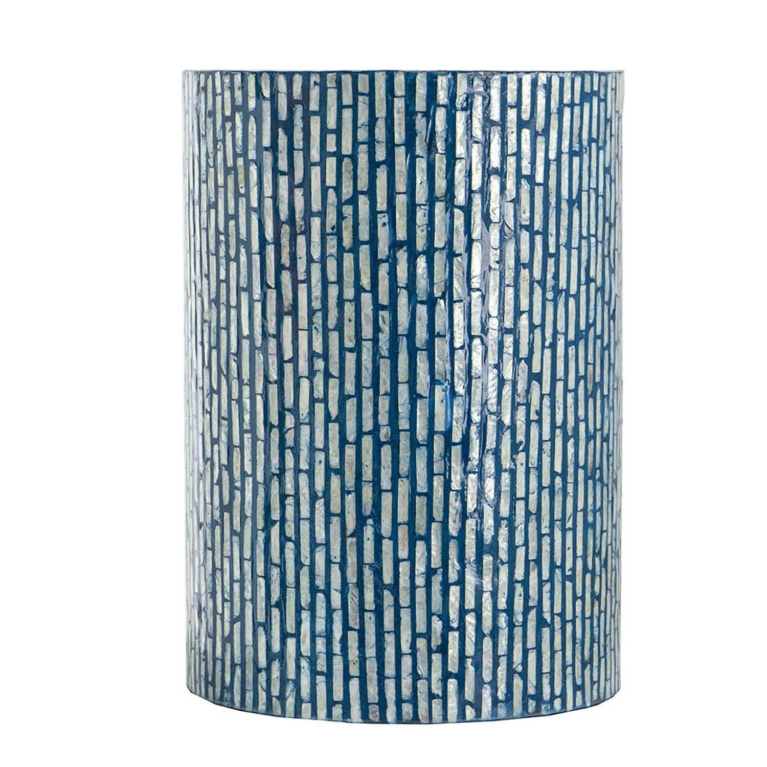 Benzara BM285576 20" Blue and Black Capiz Accent Stool Table with Cylindrical Linear Pattern