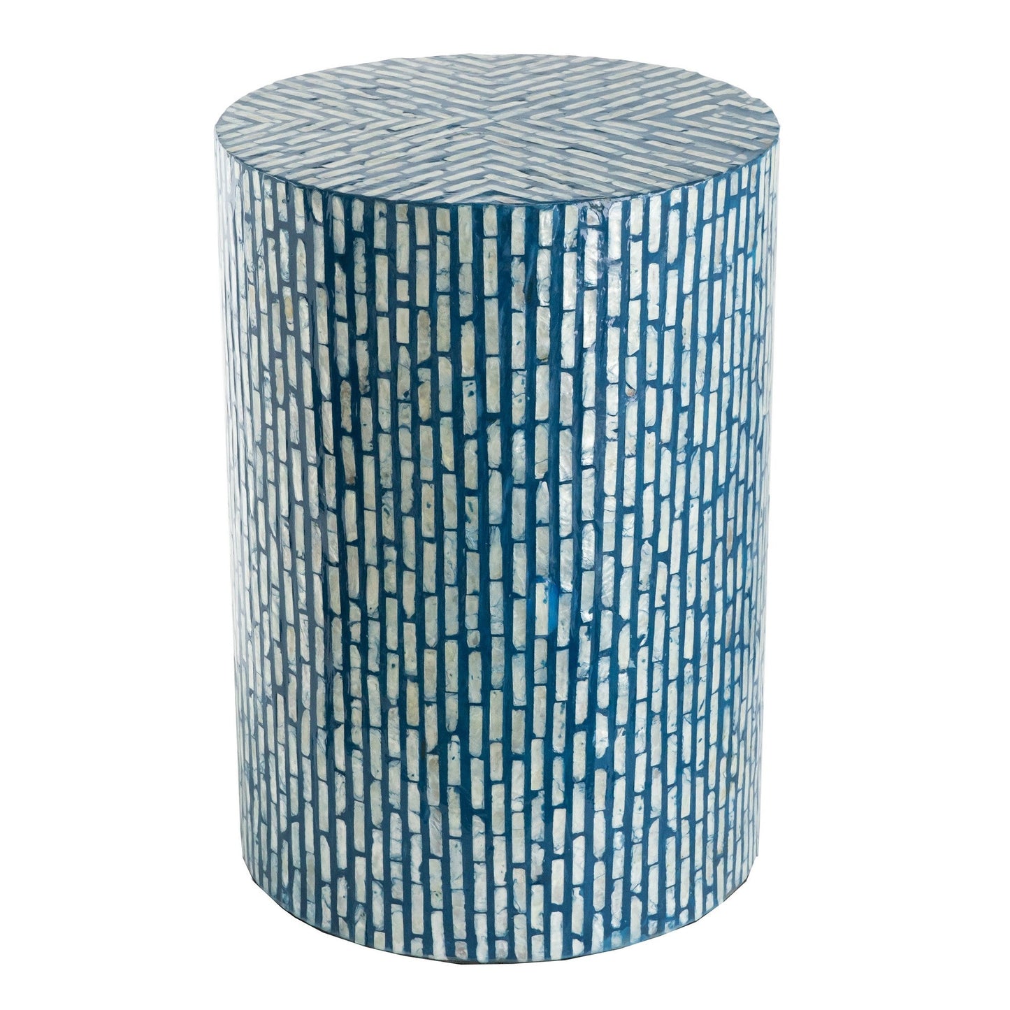 Benzara BM285576 20" Blue and Black Capiz Accent Stool Table with Cylindrical Linear Pattern