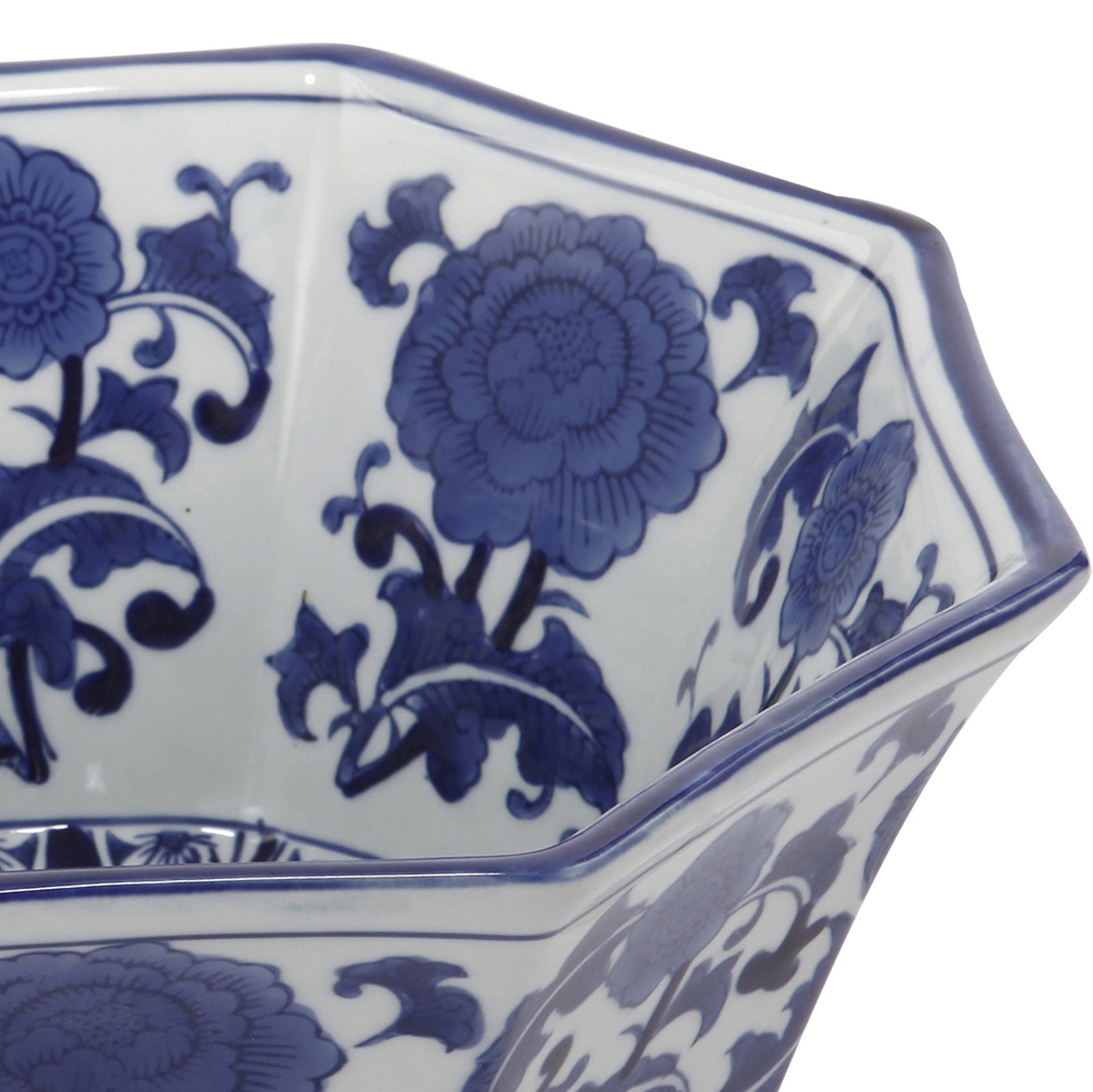 Benzara BM285587 11" Decorative Bowl With Floral Pattern on Blue and White Porcelain