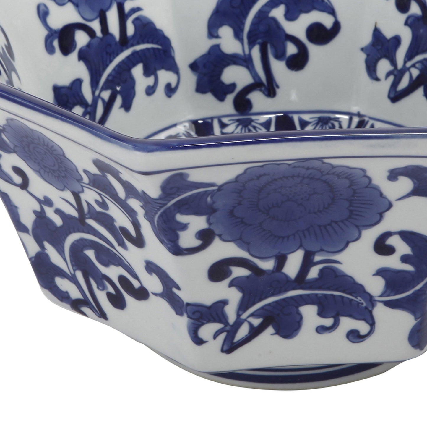 Benzara BM285587 11" Decorative Bowl With Floral Pattern on Blue and White Porcelain