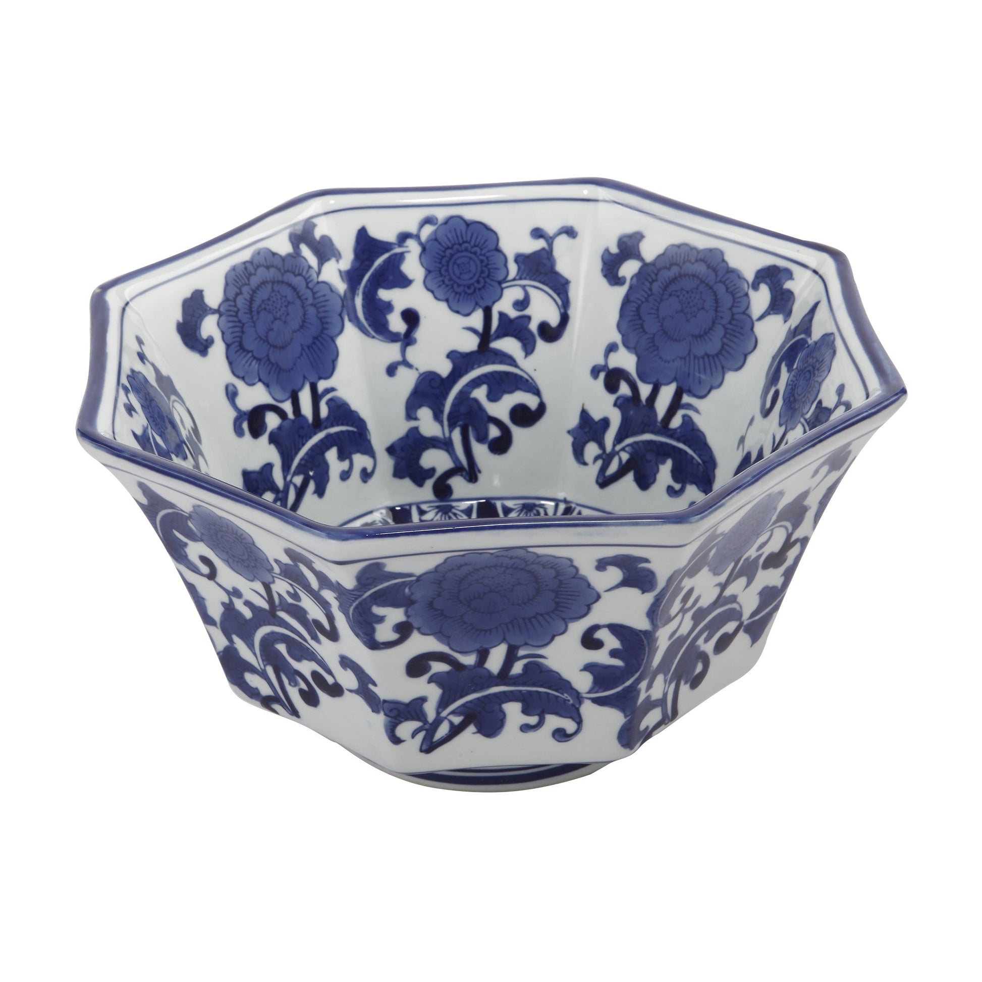 Benzara BM285587 11" Decorative Bowl With Floral Pattern on Blue and White Porcelain