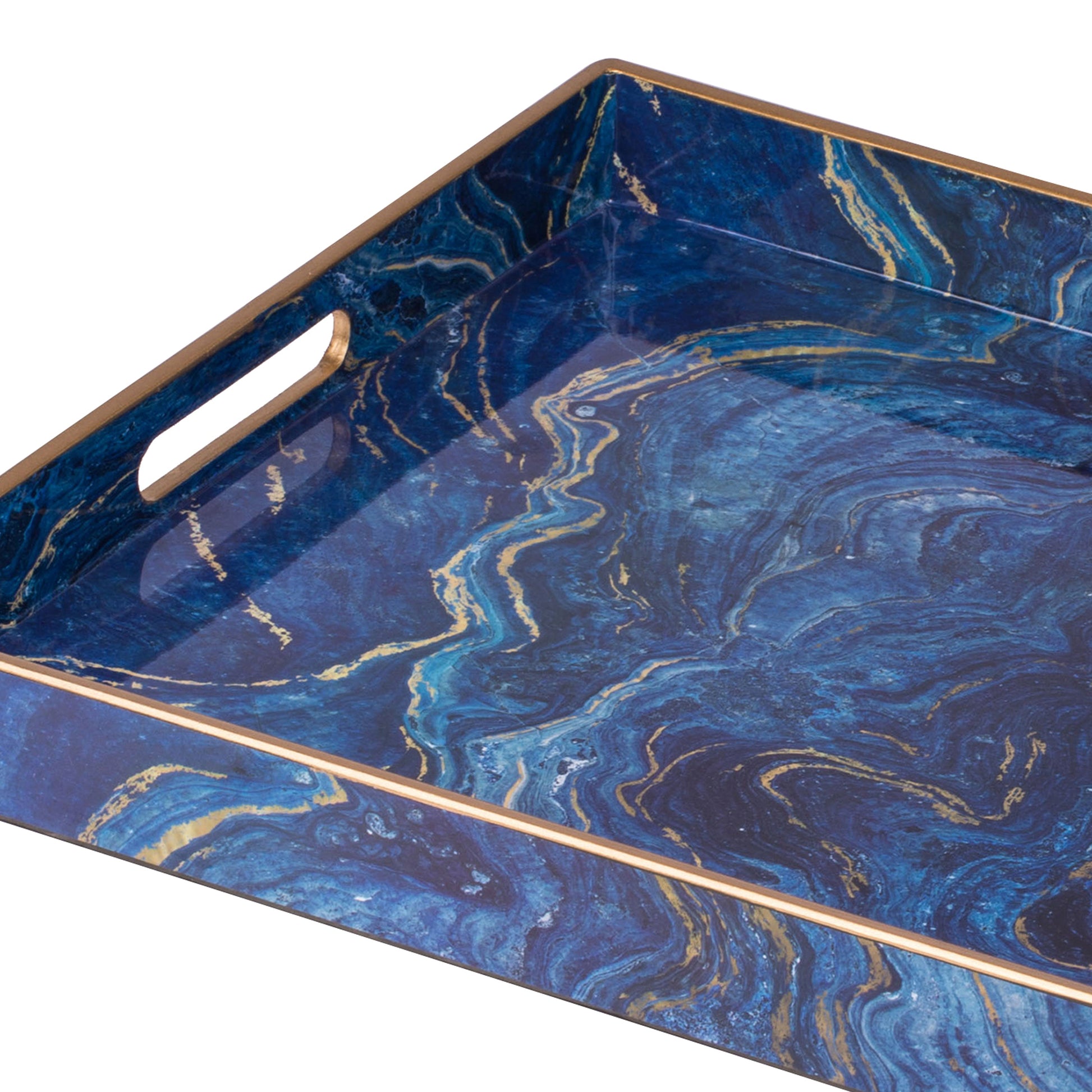 Benzara BM285588 19", 18" Modern Decorative Trays with Blue Pattern and Gold Rim