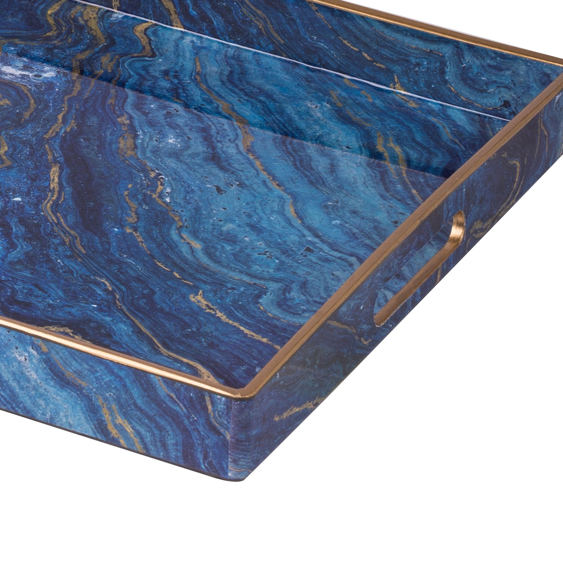 Benzara BM285588 19", 18" Modern Decorative Trays with Blue Pattern and Gold Rim