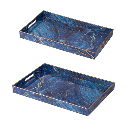 Benzara BM285588 19", 18" Modern Decorative Trays with Blue Pattern and Gold Rim