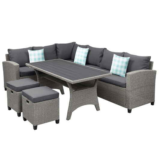 Benzara BM285841 Max 5-Piece Outdoor Patio Gray Rattan Sectional Sofa and Dining Table Set