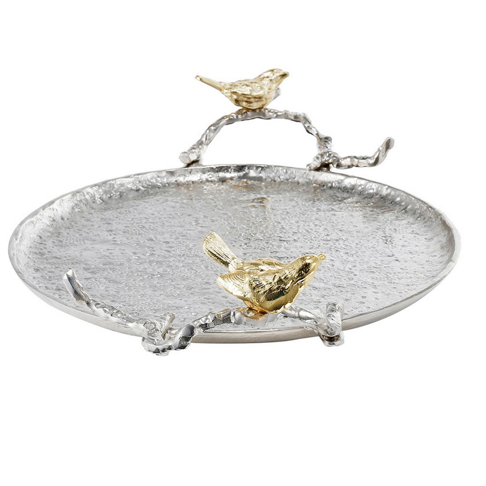 Benzara BM285902 19" Silver Metal Medium Decorative Trays with Perched Birds, Set of 2